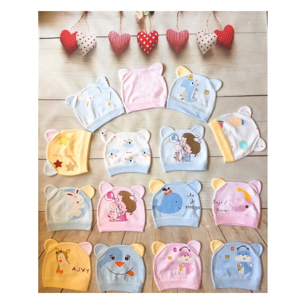 Set 5 mũ / nón vải cotton tai thỏ in hình ngộ nghĩnh cho bé sơ sinh