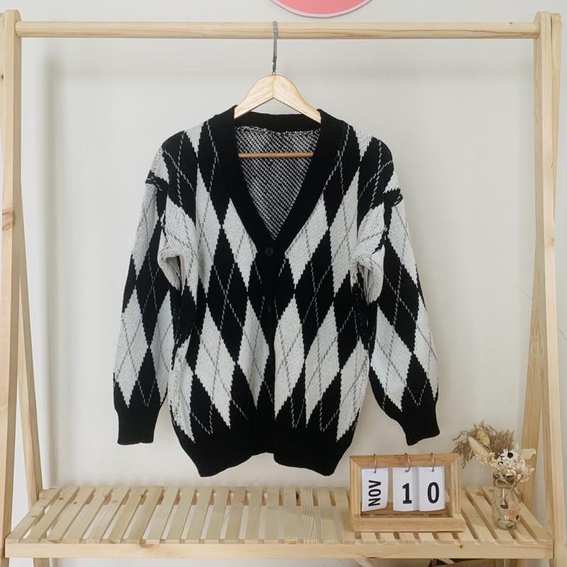 Áo Khoác Cardigan Len Nữ Kẻ Sọc Caro Kim Cương Đen Trắng, Cadigan Len Dày Phong Cách Hàn Quốc, Labibi