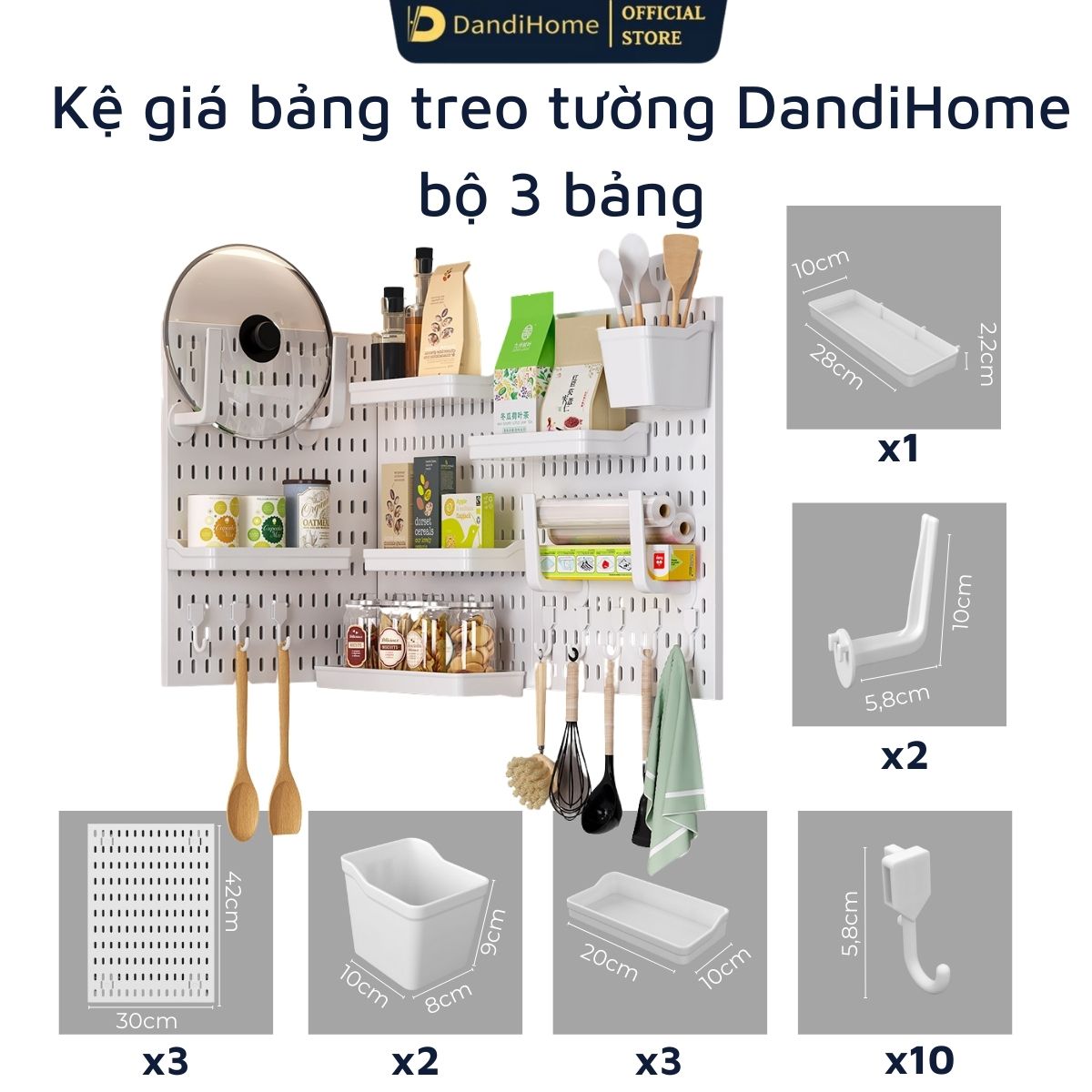 Kệ giá bảng treo tường DandiHome trang trí pegboard để đồ decor bàn học, phòng bếp, nhà tắm, đã kèm đầy đủ phụ kiện, có thể dán kính không cần khoan đục