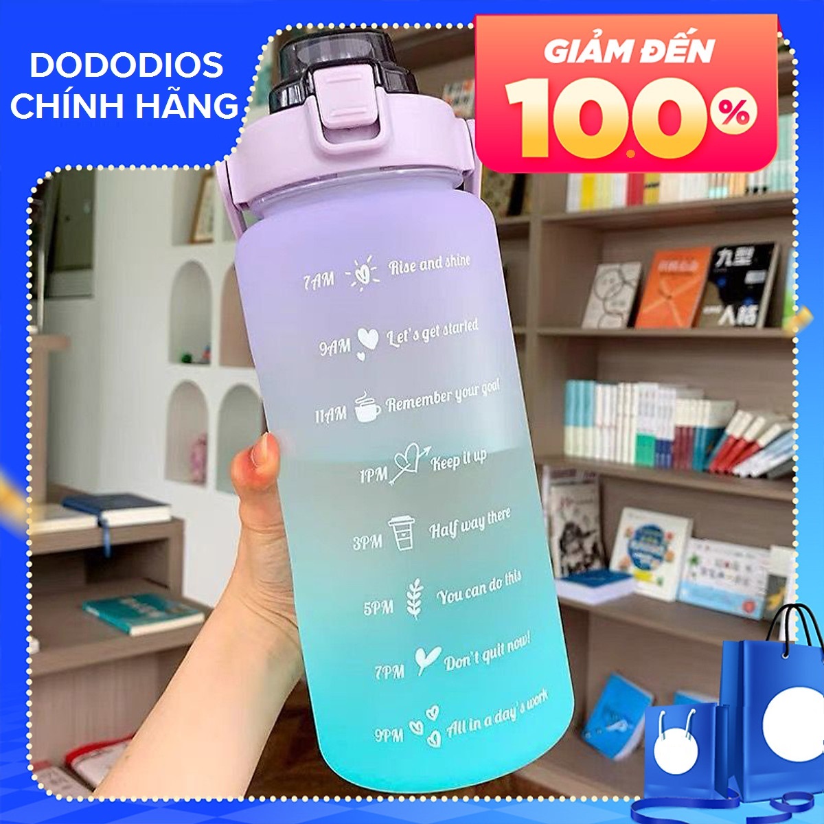 [LOẠI CAO CẤP] Bình đựng nước cho người lười uống nước, có vạch chia báo nhắc giờ uống nước - Sản phẩm chính hãng dododios