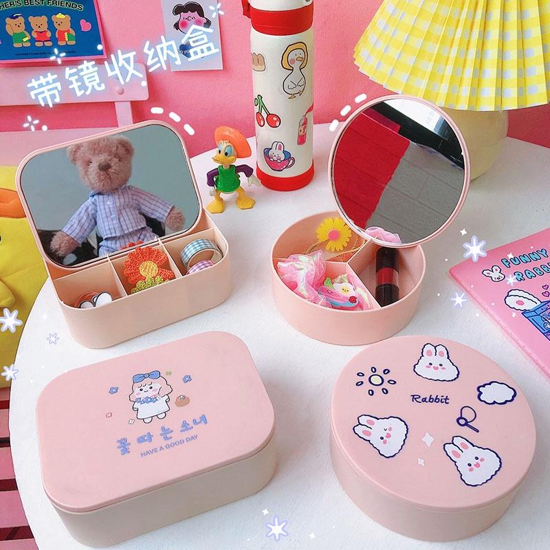 Gương trang điểm kèm hộp đựng mỹ phẩm kèm sticker siêu cute