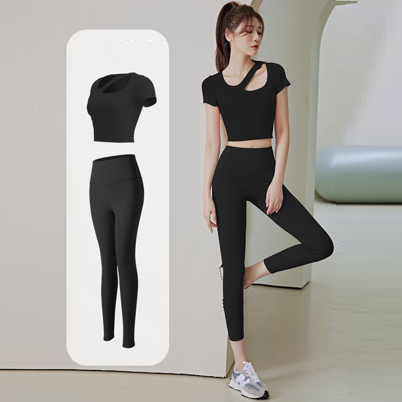 Bộ quần áo tập gym, yoga, aerobic Linda, Đồ tập gym 2 món, áo croptop ngắn tay có mút đệm và quần dài ôm body, tôn dáng