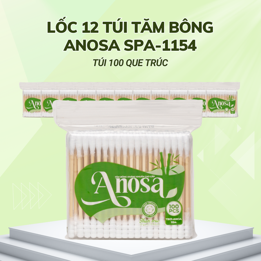 Lốc 12 túi Tăm bông Anosa người lớn thân trúc túi 100 que TB01-1154