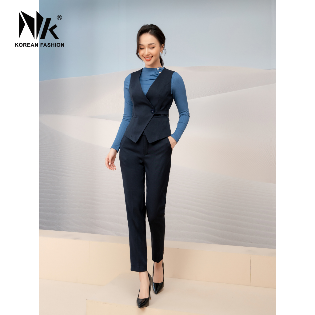 Bộ Gile Nữ Công Sở NK Fashion NKBD2109017 Áo Cá Eo Kết Hợp Quần Baggy, Vải Hàn Cao Cấp Mềm Mịn Co Giãn Nhẹ, Hiện Đại