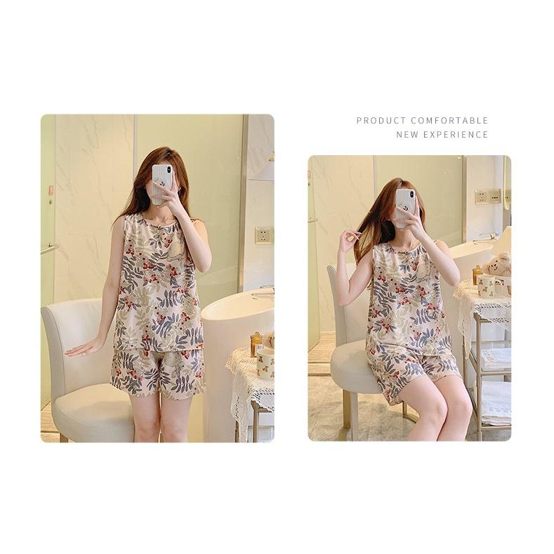 Bộ đồ mặc ở nhà dành cho nữ, bộ áo ba lỗ và quần đùi vải lanh mềm mát, họa tiết trẻ trung, size từ 45 - 75 kg (kiểu 1) - Mẫu 15