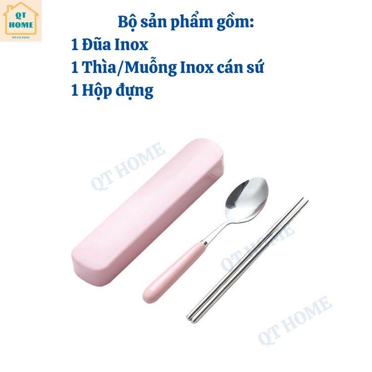 Bộ Đũa Thìa / Muỗng Văn Phòng Chất Liệu Inox và Sứ, Bộ Đồ Ăn Cá Nhân Có Hộp Đựng