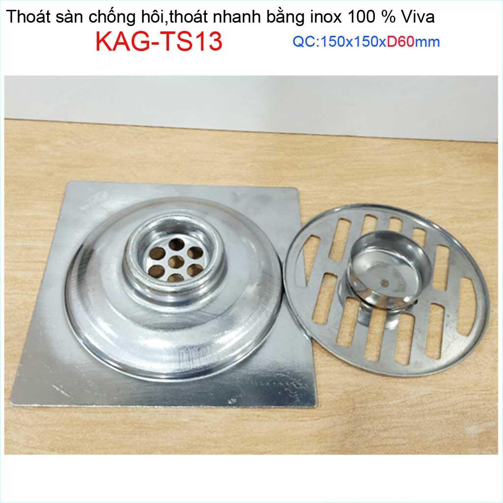 Hố ga thoát sàn Viva ống D60-6cm Inox mờ, phễu thoát nước chống hôi D60 vuông 15x15cm KAG-TS13