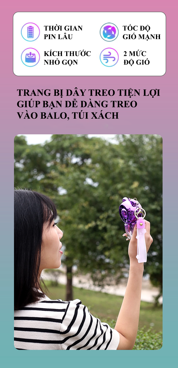 Quạt mini cầm tay kèm theo móc treo tiện lợi với thiết kế dễ thương nhỏ gọn có 2 mức độ gió siêu mát