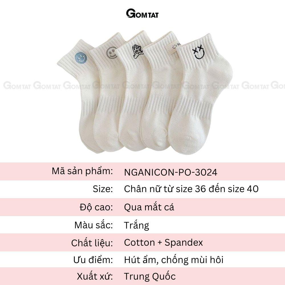 Tất nữ cổ ngắn trắng hoạ tiết đơn giản, vớ nữ cổ thấp chất liệu cotton mềm mại, thấm hút - NGANICON-PO-3024-1DOI