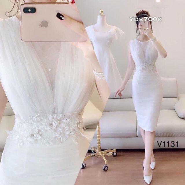 Đầm body phối lưới nhúng eo phối ren hoa nổi kết hạt Hàng Thiết Kế