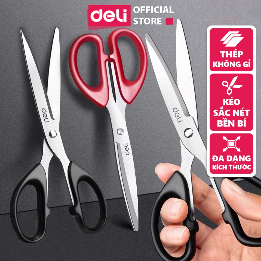 Kéo Văn Phòng Lưỡi Thép Không Gỉ Deli – Kéo Cắt Giấy Đa Năng Học Sinh Văn Phòng – Nhiều Kích Thước 16/17/18/21 CM