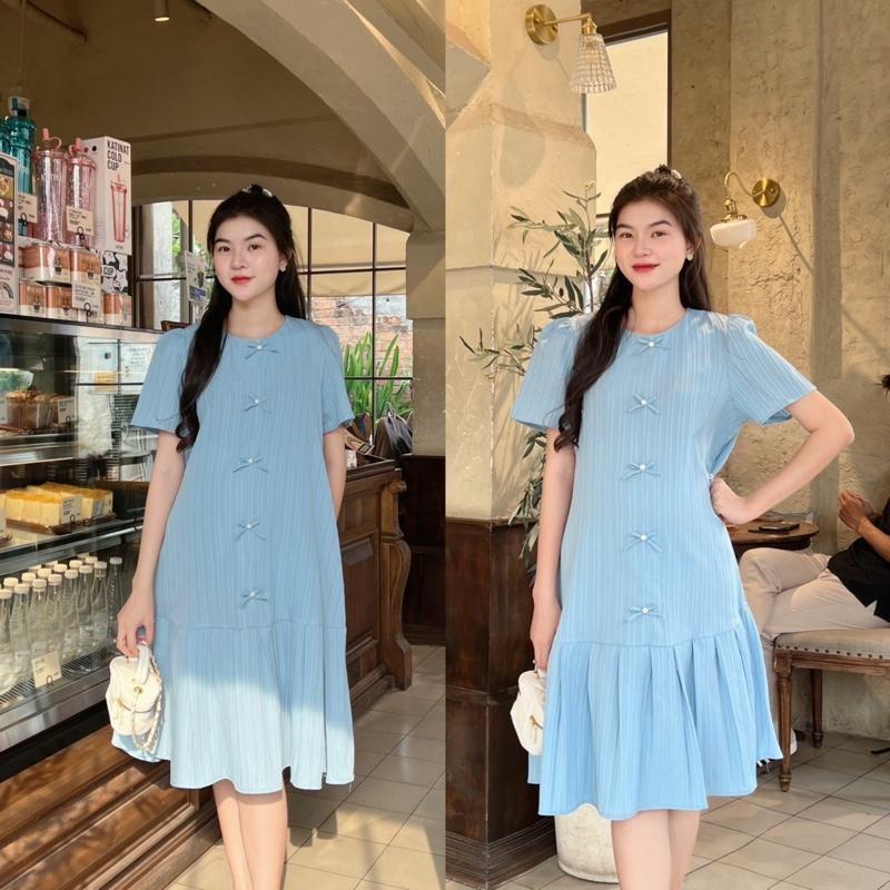 Đầm Bầu Đuôi Cá Xếp Ly Đính Nơ Ngọc Vải Xốp Hàn Xinh Xắn, Trẻ Trung - Xanh Biển