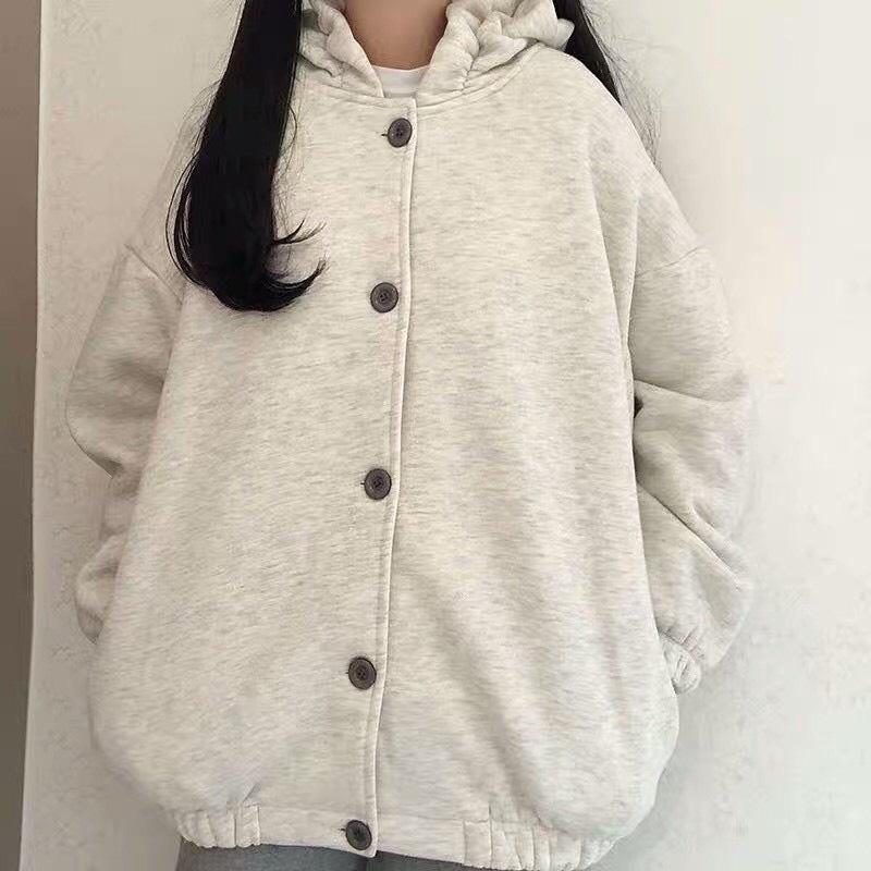 Áo khoác hoodie nam nữ nút to ulzang nỉ bông mũ điệu 2 màu dày dặn