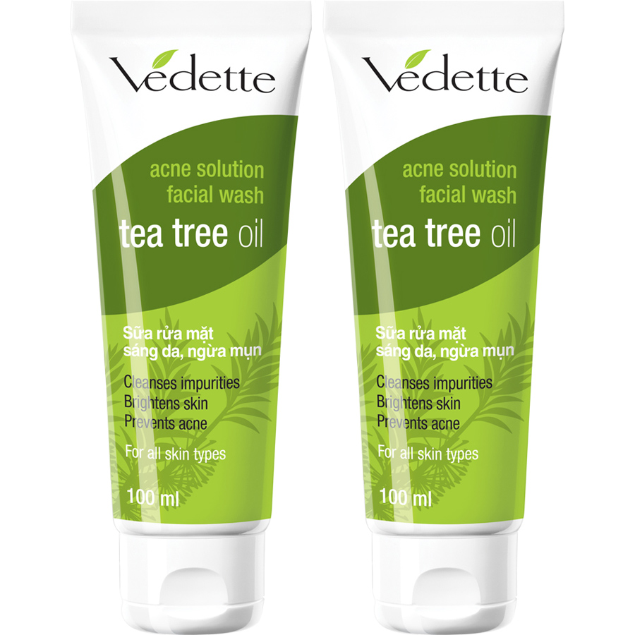 Combo 2 Sữa Rửa Mặt Sáng Da Ngừa Mụn Vedette Tràm Trà (Tea Tree Oil) - Tube 100ml