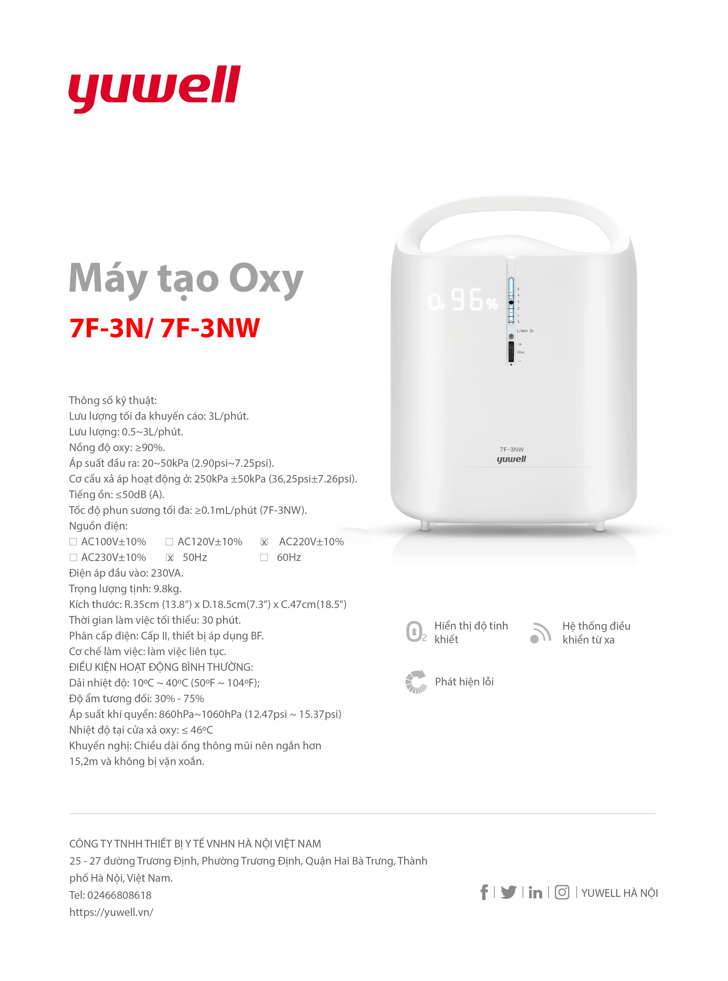 Máy tạo oxy Yuwell 7F-3NW - Oxy tinh khiết ~93%, công suất 3 lít/phút