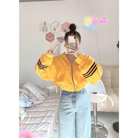 Áo khoác lửng croptop nỉ ngoại sọc tay có nón unisex ulzzang nam nữ