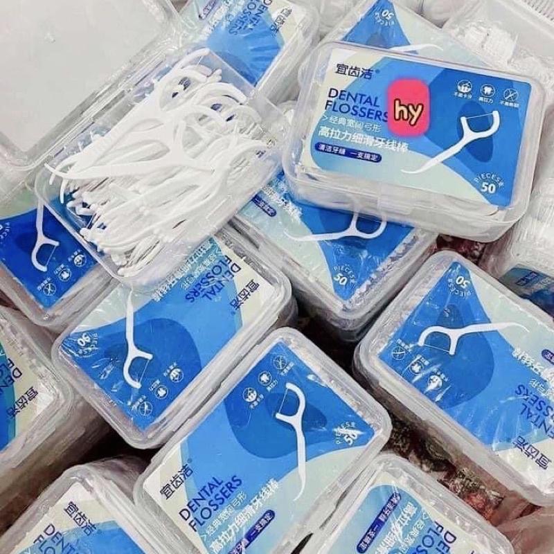 Hộp 50 Chiếc Tăm Chỉ Nha Khoa Triệt Trùng Vệ Sinh Răng Miệng DENTAL FLOSSERS Tăm Xỉa Răng Đầu Xương Cá Kẽ Răng ORALTANA