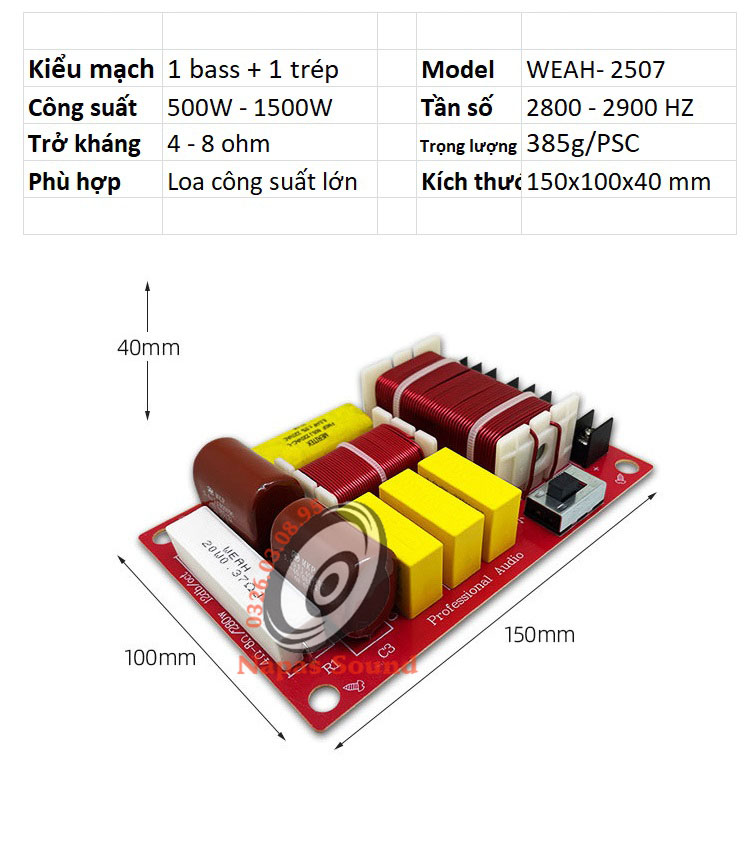 MẠCH PHÂN TẦN 2 LOA WEAH2507 - LOẠI CÔNG SUẤT LỚN CÓ CHỈNH ÂM - GIÁ 1 MẠCH - PHÂN TẦN FULL ĐƠN