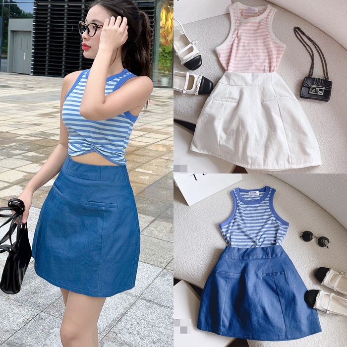 ĐẦM SET ÁO CROPTOP DÂY 3 LỖ ÔM BODY SỌC PASTEL THUN + CHÂN VÁY NGẮN CHỮ A SUÔNG TRƠN LƯNG CAO ĐI TIỆC ĐI CHƠI ĐI BIỂN DẠO PHỐ