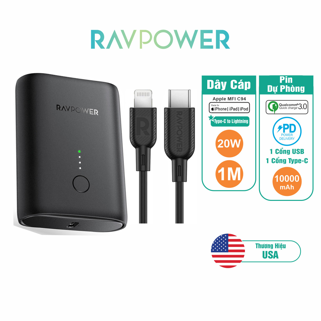 Combo Sạc Dự Phòng Siêu Nhỏ 10.000mAh PD QC 3.0 18W RP-PB194 Và Cáp USB Type C to Lightning MFI C94 20W RAVPower RP-CB054 - Hàng Chính Hãng