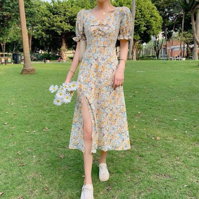 Đầm hoa xoắn ngực phối lưng bo chun