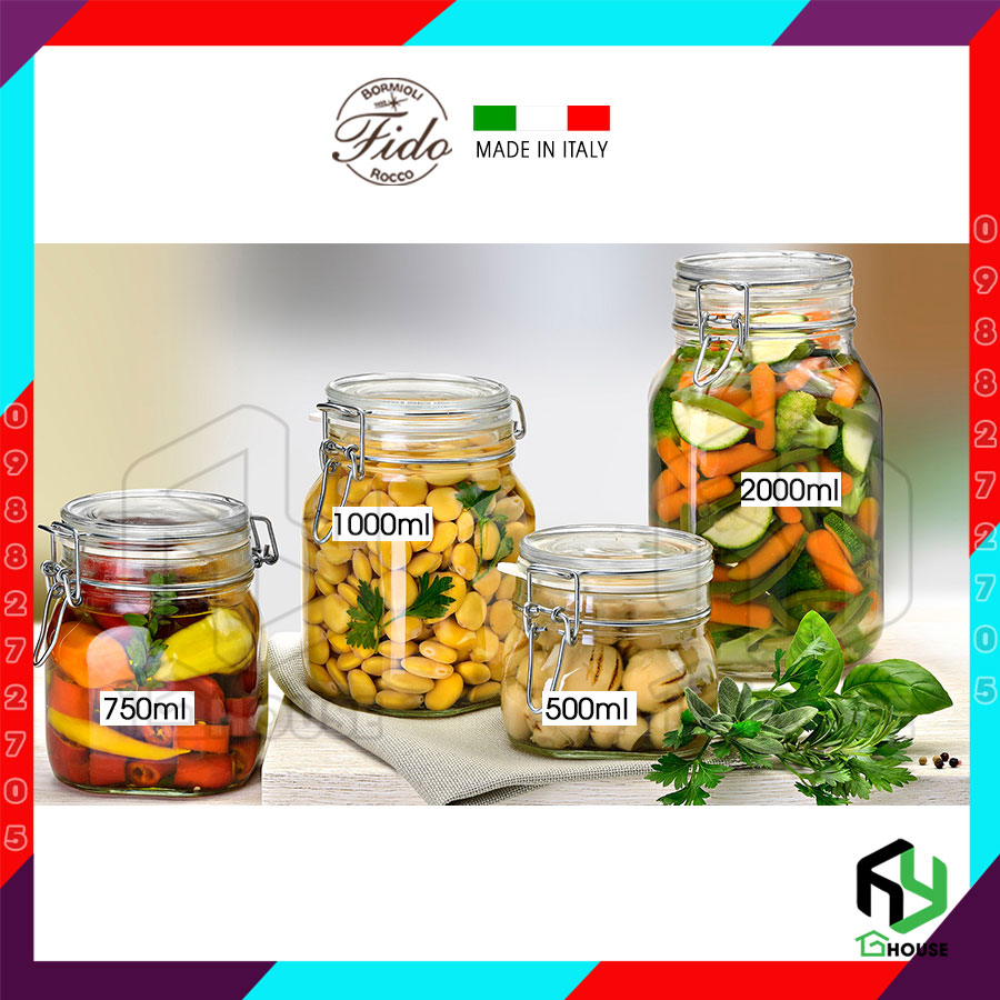 ITALY-Hũ thủy tinh nắp cài FIDO - Bormioli Rocco - 1000ml - Siêu kín hơi - Glass jar with airtight lid