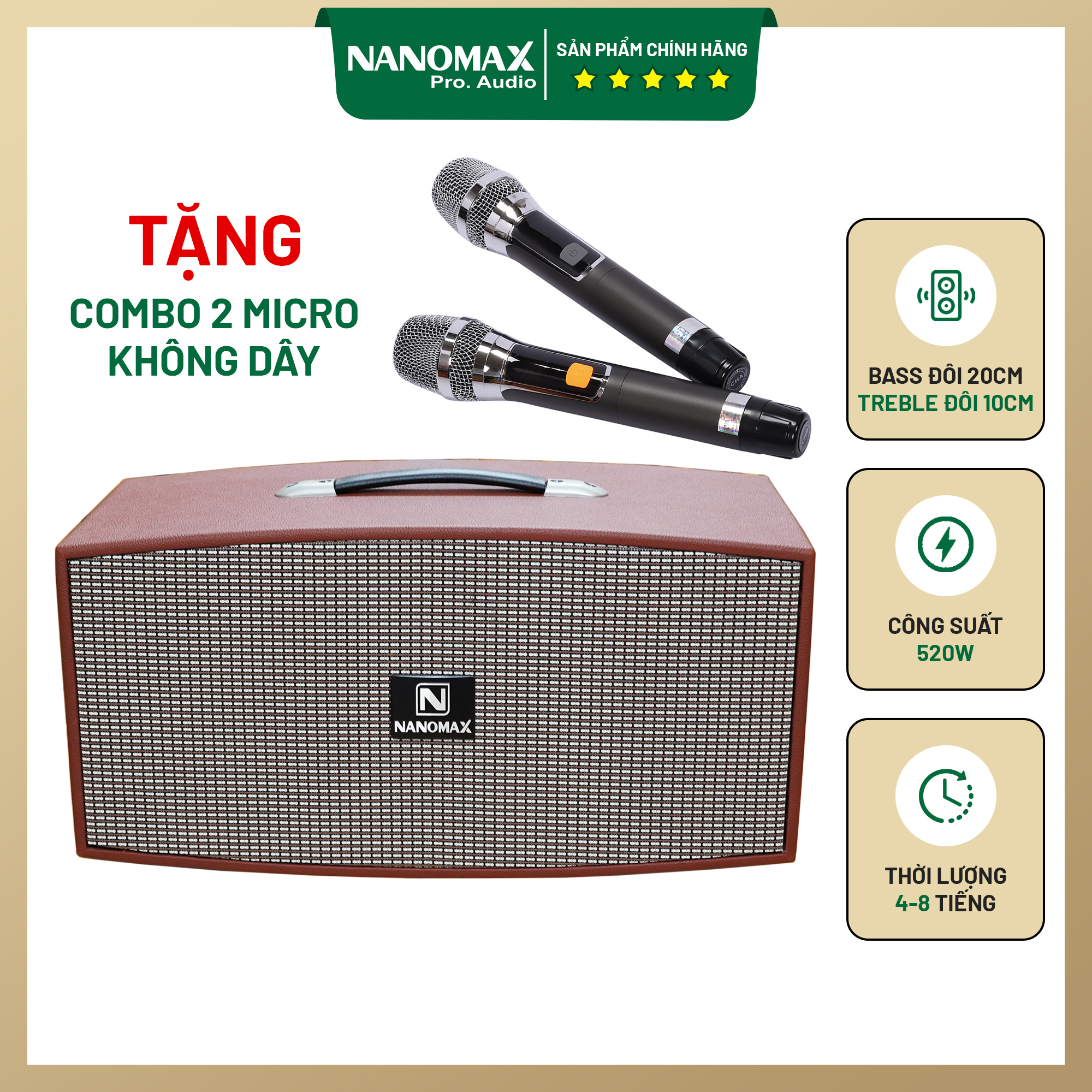 Loa Kéo Karaoke Xách Tay Nanomax X-420 X420 Nâu Bass Đôi 20cm Công Suất 520w Hàng Chính Hãng