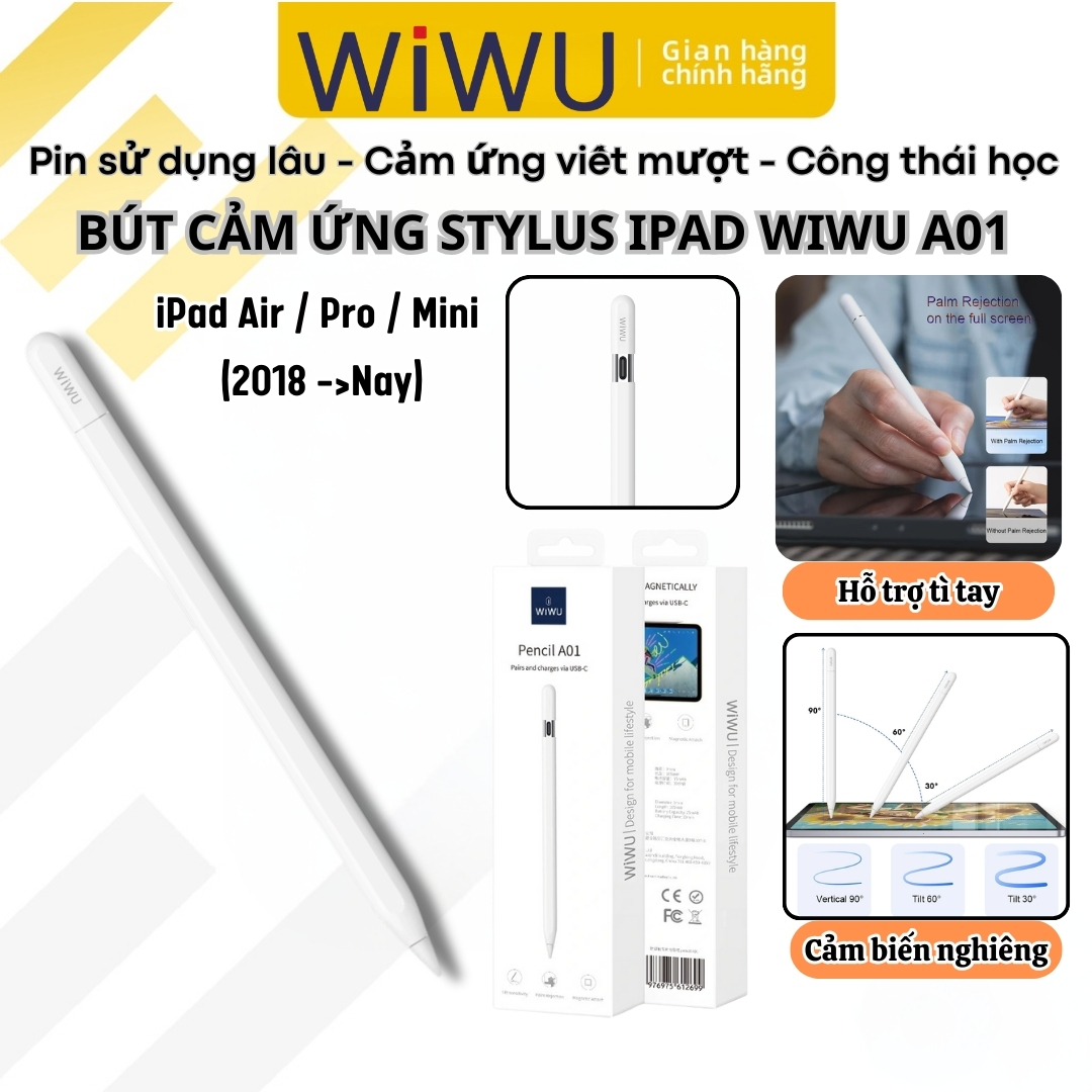 Bút cảm ứng chống tì tay sạc hít từ tính nam châm hỗ trợ cảm ứng nghiên WIWU Pencil A01 iPad Pro Air Mini 11 12.9 13 Gen 7 8 9 10.9 Air 4 5 6 - Hàng nhập khẩu