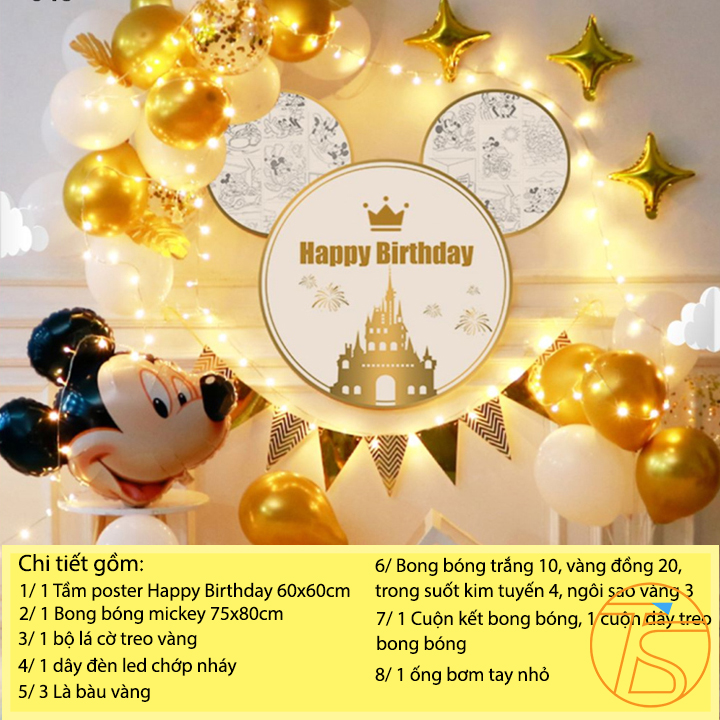 Sét bong bóng trang trí sinh nhật happy birthday chuột mickey có kèm bơm tay - Bộ trang trí thôi nôi, đám đầy tháng cho bé