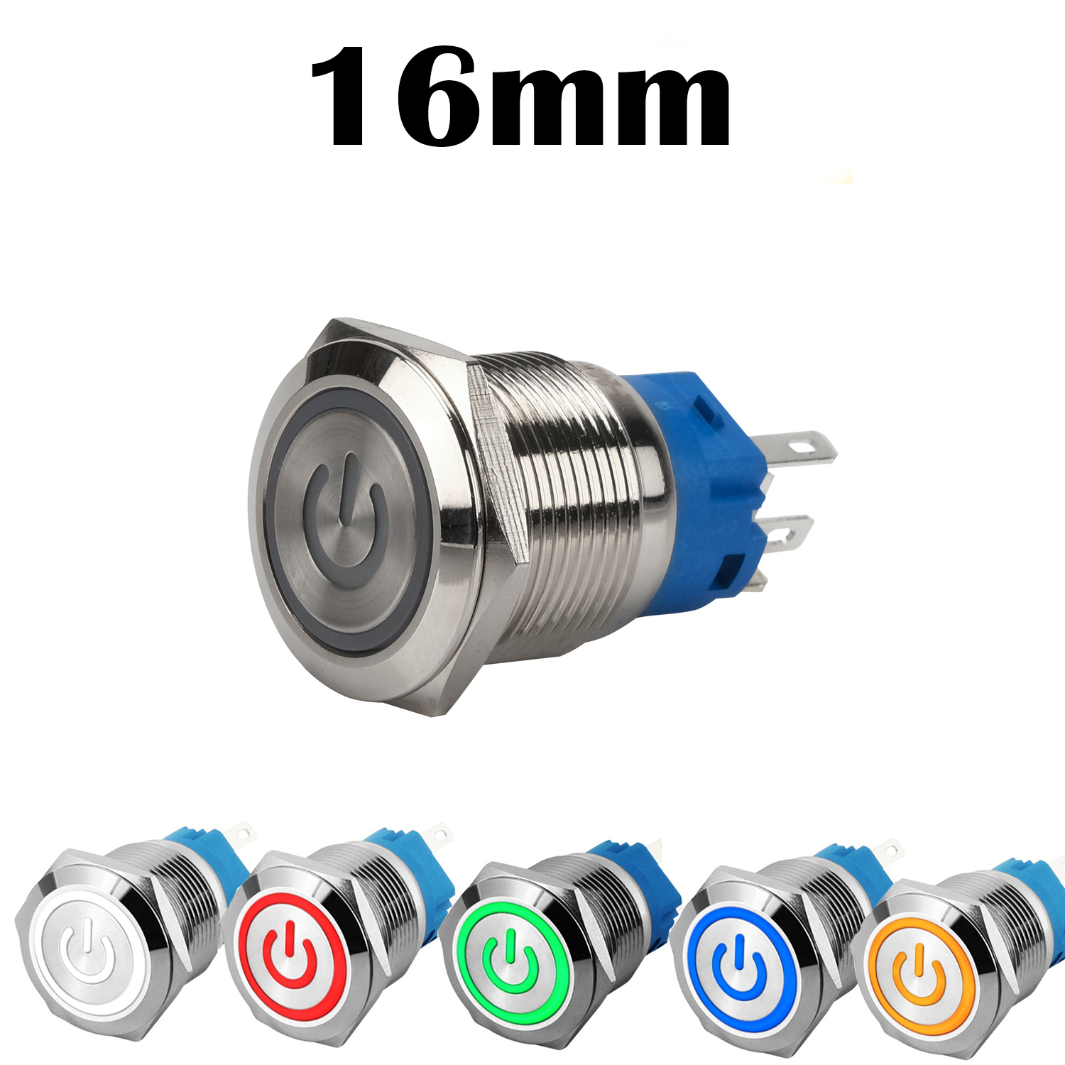 Nút công tắc nguồn nhấn Tự Khóa 16mm Vỏ INOX chống nước, Biểu tượng Nguồn LED