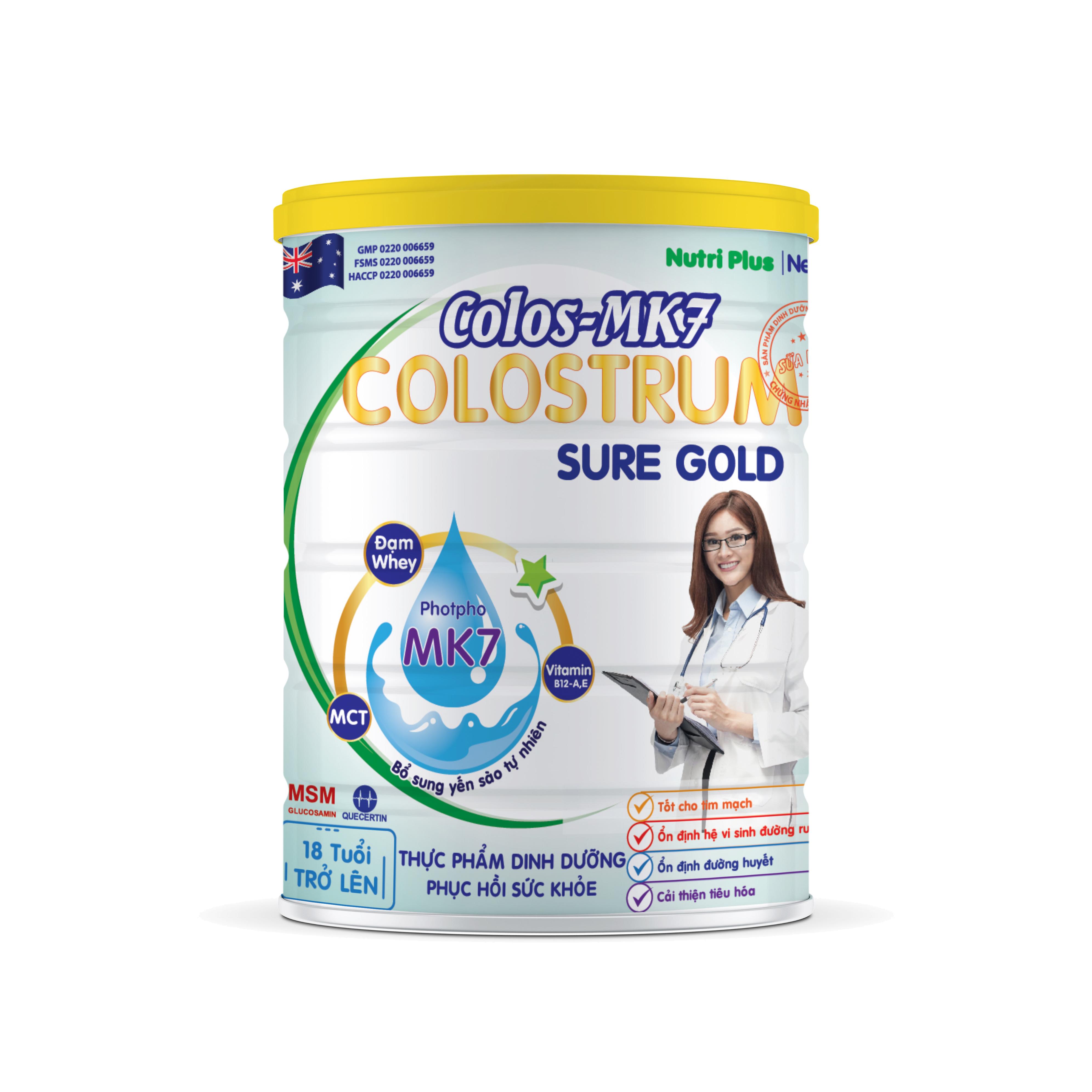 Sữa bột dinh dưỡng NUTRI PLUS Colos Mk7 SURE GOLD cho người cao tuổi, người bệnh, người ăn uống kém,phục hồi sức khỏe- 900G