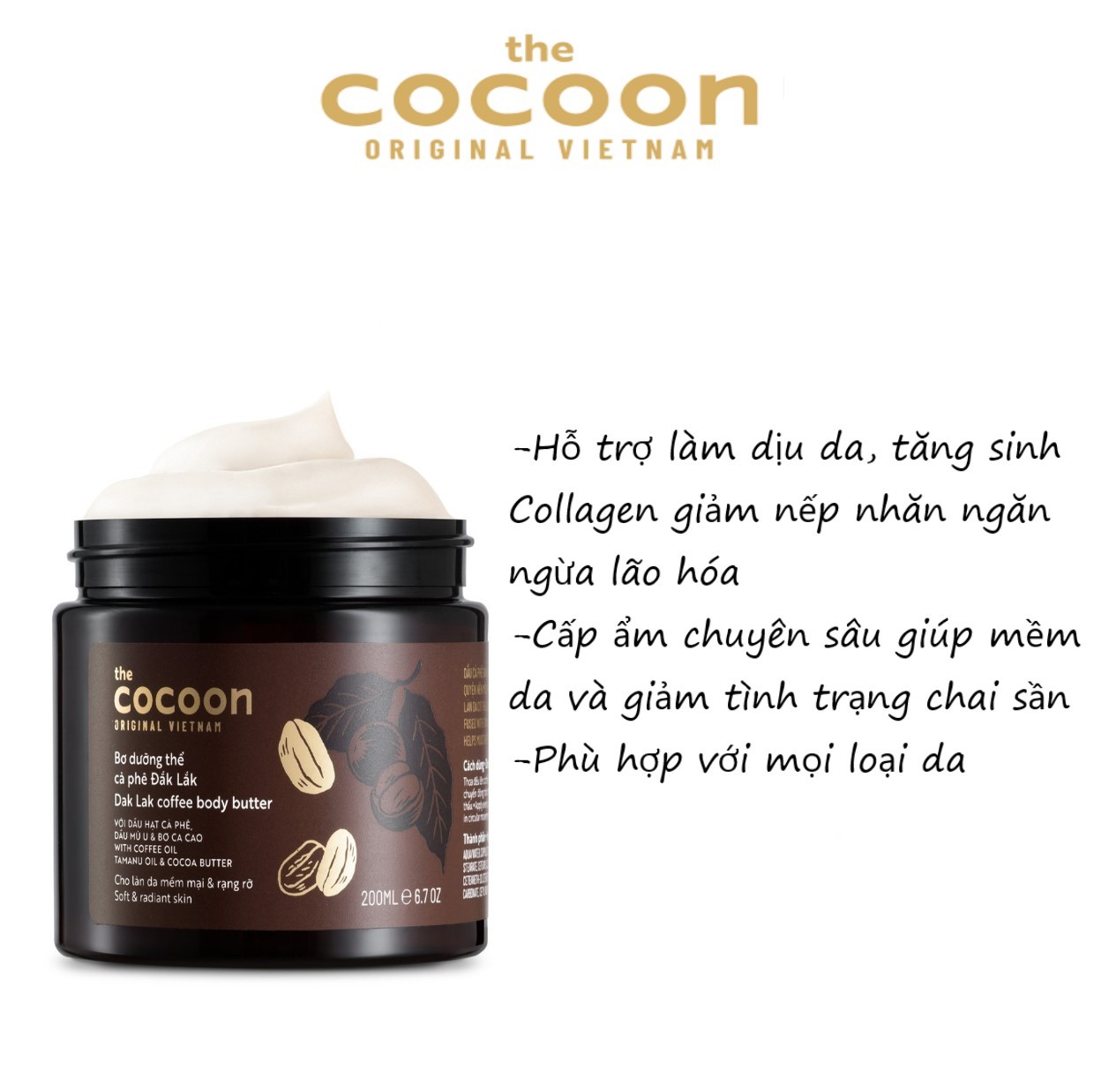 Bơ Dưỡng Thể Cocoon Cà Phê Đắk Lắk 200ml - Dưỡng ẩm toàn thân - Cocoon Dak Lak Coffee Body Butter