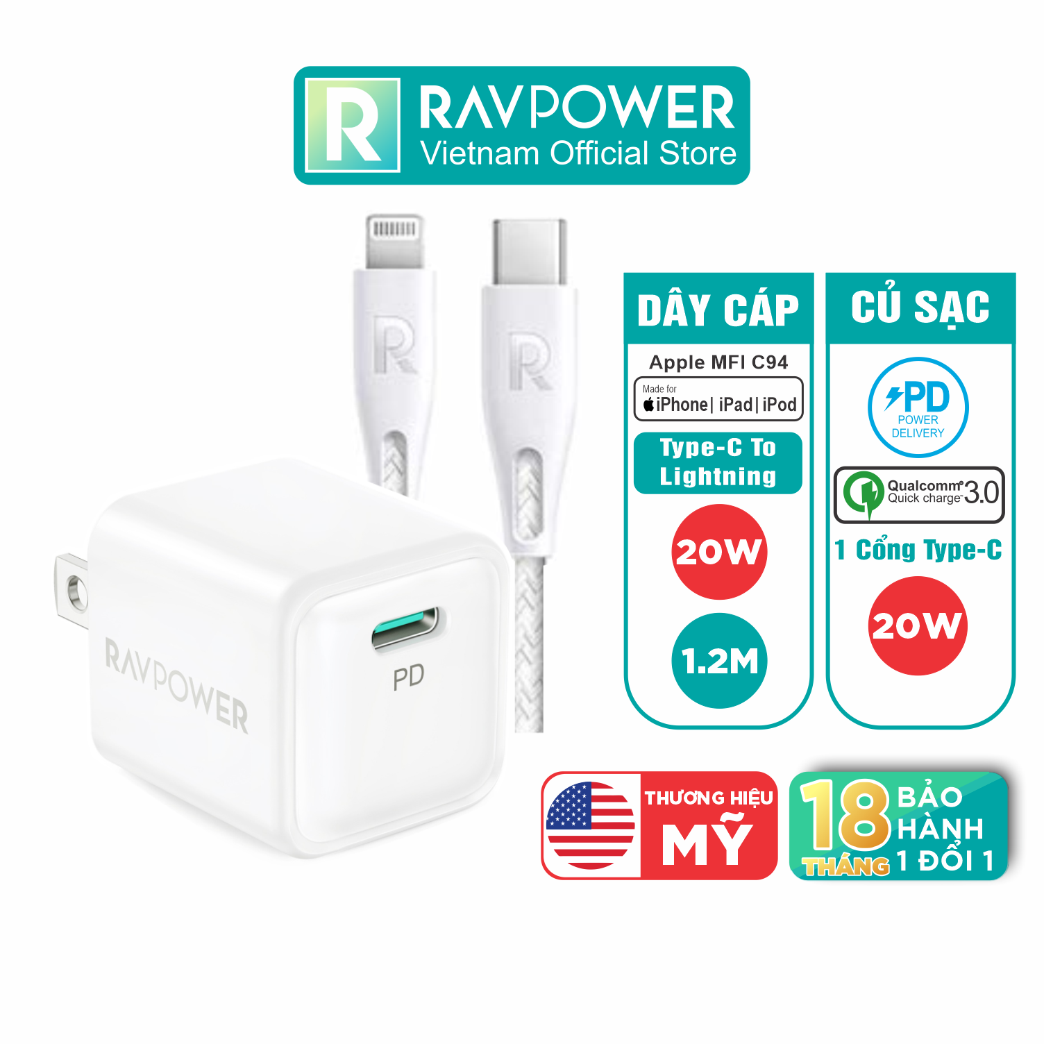 Combo Củ Sạc Nhanh 20W iPhone iPad RAVPower RP-PC150 Và Cáp Type C to Lightning MFI C94 20W 1.2m RP-CB1004 - Hàng Chính Hãng