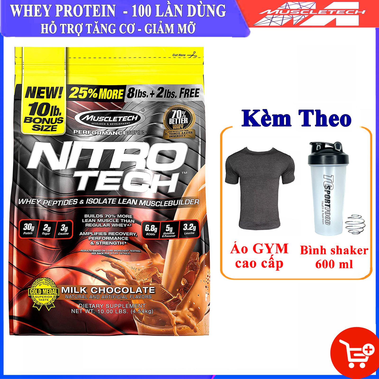 Combo Sữa tăng cơ giảm mỡ cao cấp Nitrotech của Muscletech hương Chocolate bịch lớn 10lbs 100 lần dùng hỗ trợ tăng cơ, giảm cân, đốt mỡ, phục hồi cơ bắp & Bình lắc 600ml (Mẫu ngẫu nhiên) & Áo thun thể thao (Size L 68-80kg)