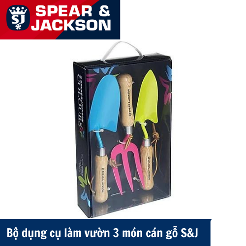 Bộ dụng cụ làm vườn 3 món cán gỗ COLOURS3PS S&J: xẻng xúc đất và chĩa ba làm vườn