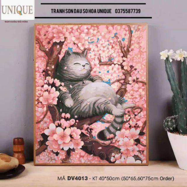 Tranh sơn dầu số hóa mã DV4013 Mèo hoa đào size 40x50cm đã căng khung và đầy đủ phụ kiện