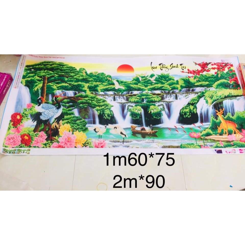 Tranh Đính Đá PHONG CẢNH LƯU THỦY SINH TÀI. Kích Thước: 1m2 x 55cm - 1m6 x 75cm - 2m x 90cm