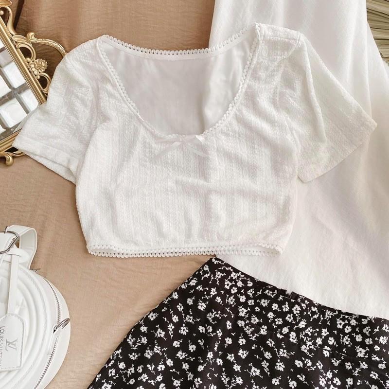 Set Áo Croptop Trắng Thêu Nổi + Chân Váy Midi Hoa - Kèm Ảnh Thật