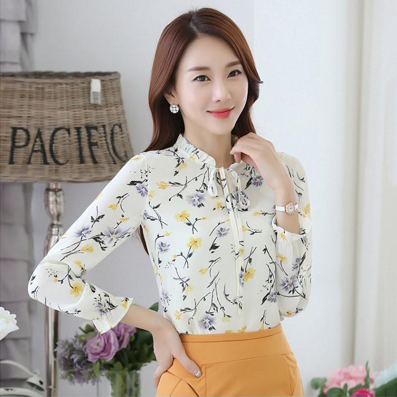 Áo Sơ Mi Chiffon Dài Tay Họa Tiết Hoa Cho Nữ