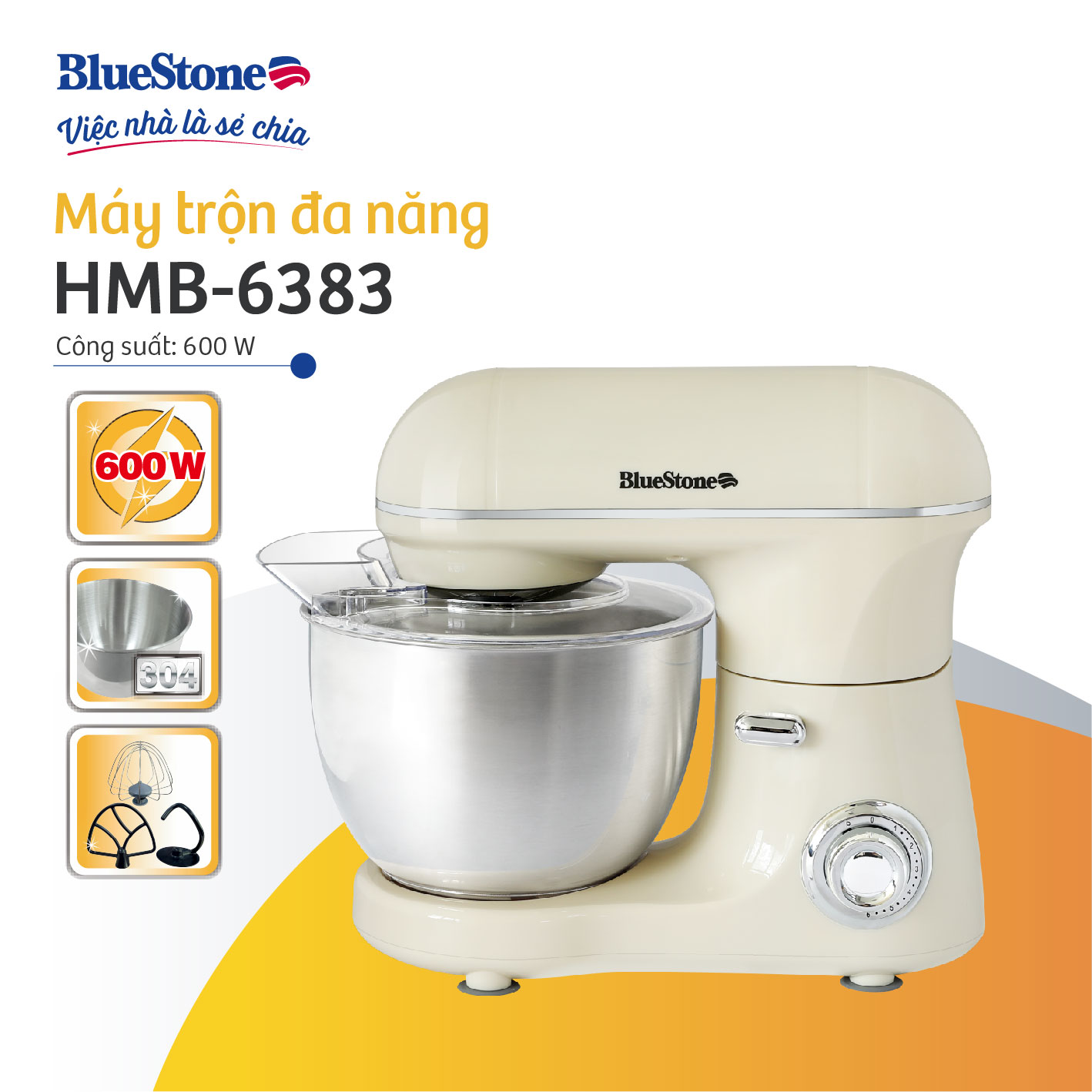 Máy Trộn Bột Đa Năng BlueStone HMB-6383 - Dung tích tô trộn 4 Lít - 600W - 6 tốc độ quay - Bảo hành 2 năm - Hàng Chính hãng