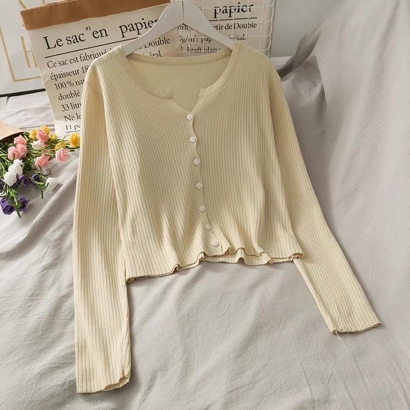 Áo khoác cardigan len nữ tay dài kiểu cổ V dệt kim len đũa xinh xắn phong cách Ulzzang hàng Quảng Châu cao cấp