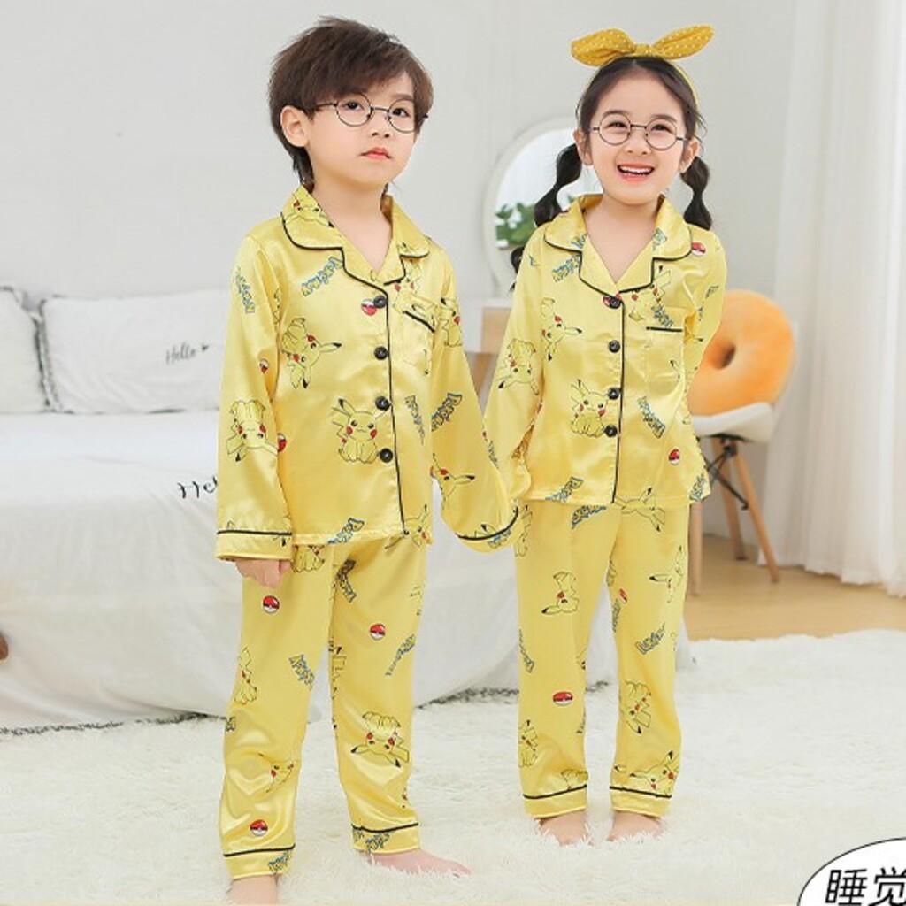 Bộ Đồ Ngủ Pijama Lụa In Pikachu Cực Xinh Cho Bé Trai Bé Mặc Đều Xinh, Đồ Bộ Pijama Hình Cho Bé Từ 6-28Kg - SUMO CITY