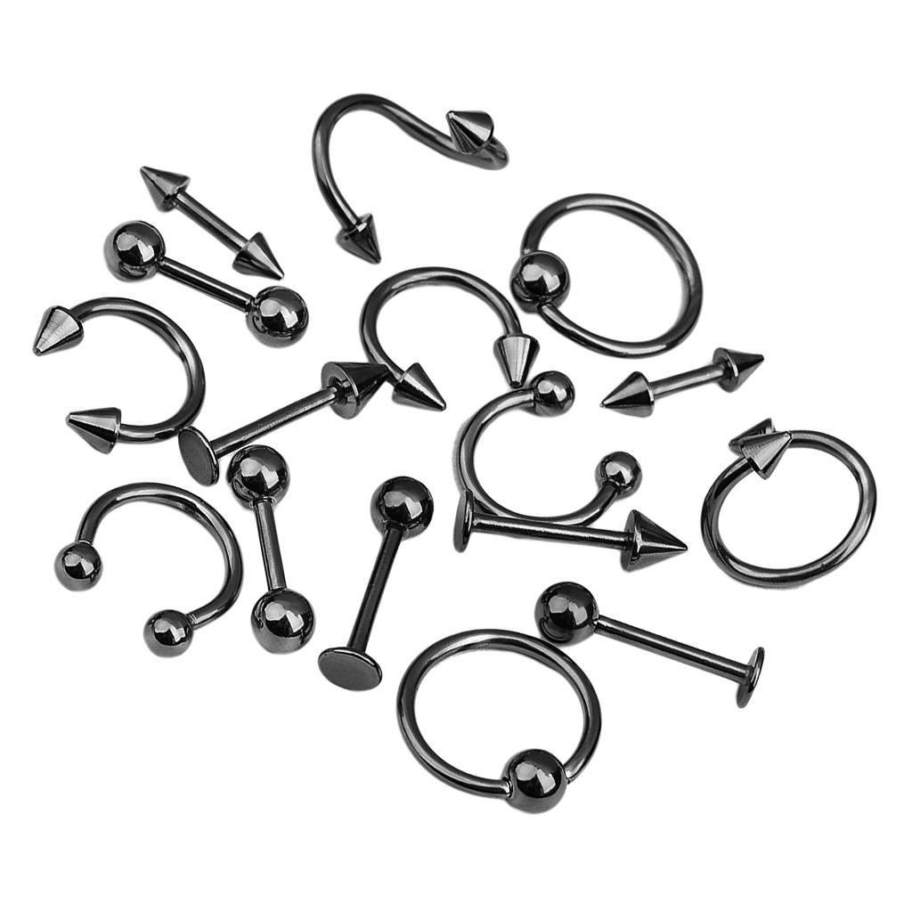 16/Pack Stainless Steel Ear Studs Labret Lip Rings Nose Tongue