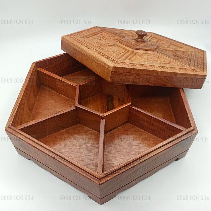 Khay đựng bánh kẹo ngày Tết bằng gỗHộp đựng bánh kẹo Tết bằng gỗ hương cao cấp, trạm song ngư, hình lục giác