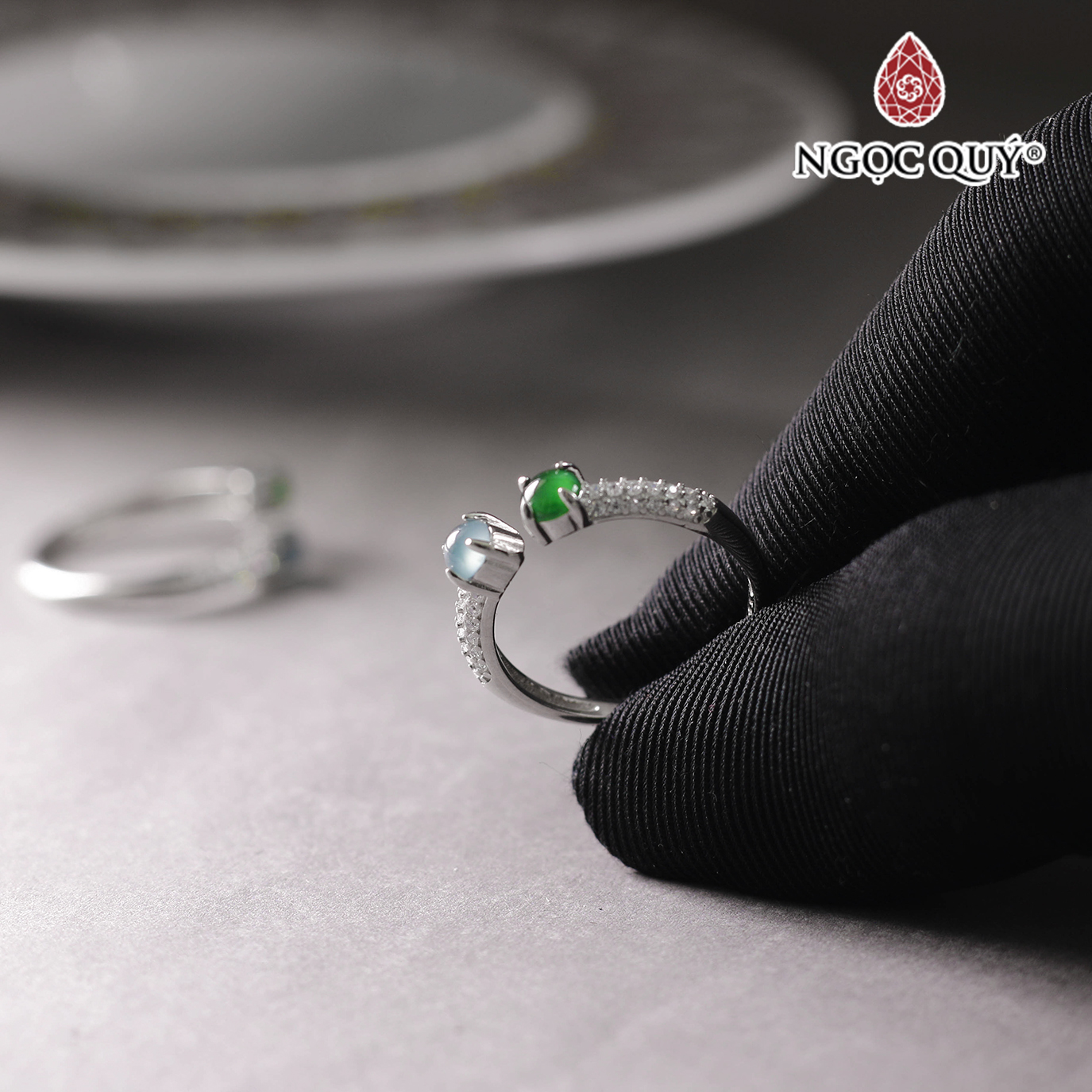Nhẫn bạc phỉ thủy lục đế vương &amp; lam băng type A hạt 4mm mệnh hỏa, mộc - Ngọc Quý Gemstones