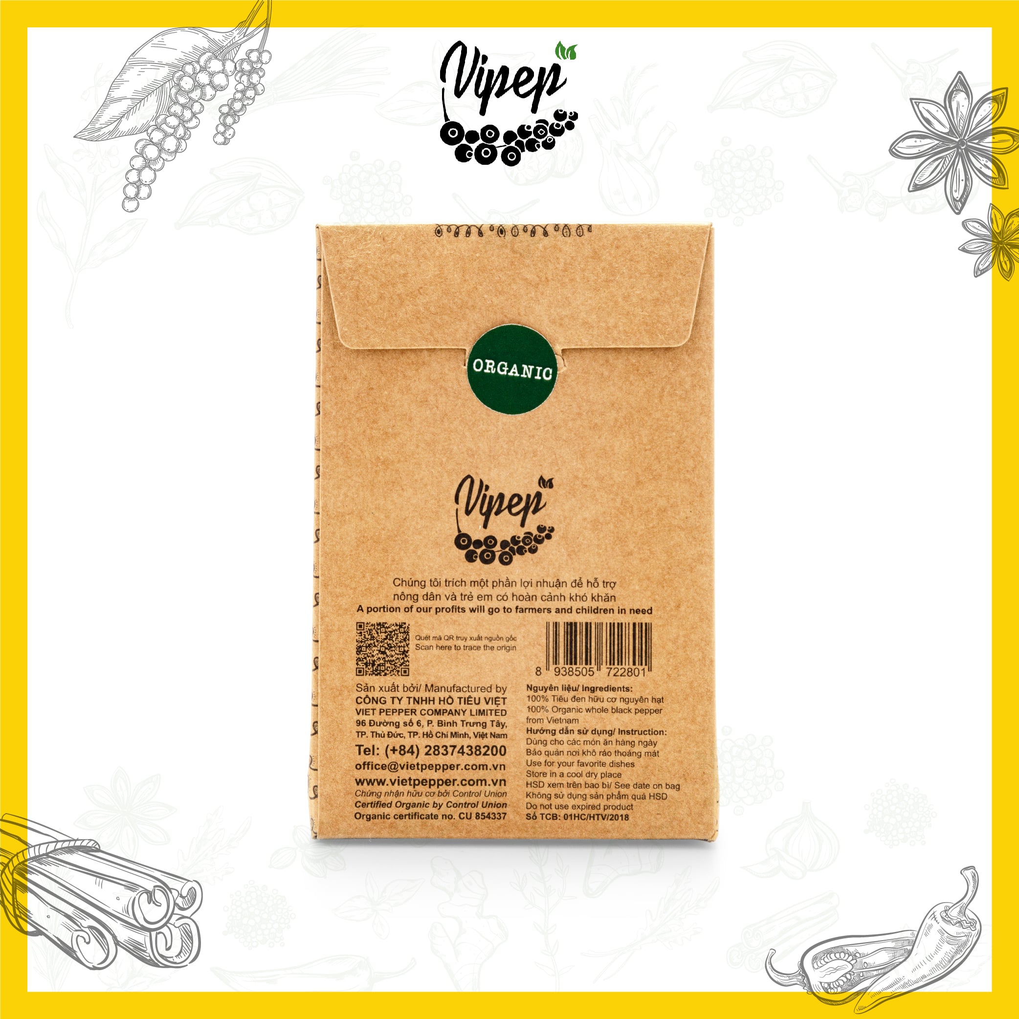 Tiêu Đen Hạt Farmers' Organic Vipep Túi Giấy 50g