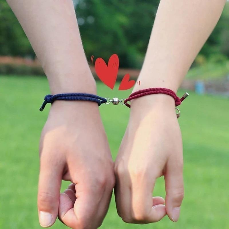2pcs Custom Magnet Bracelets for Couples Creative Lovers/Adjustable Rope Handmade Bangles Jewelry Christmas Gift