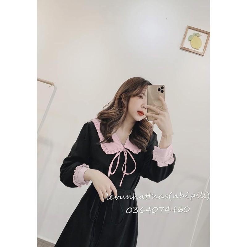 VÁY UMI ĐEN CỔ BÈO HỒNG NƠ NGỰC