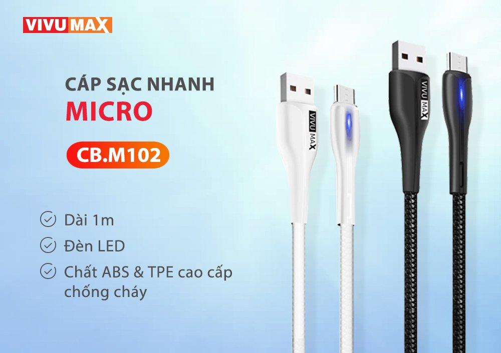 Cáp sạc nhanh và truyền dữ liệu VivuMax M102 đầu sạc đầu sạc Micro USB, tương thích hầu hết các sản phẩm có cổng Micro USB (Android  Samsung / Oppo / Xiaomi / Vsmart / Realme…) - Có đèn LED báo tín hiệu, 1m, Dây PVC cao cấp chống cháy – Hàng Chính Hãng