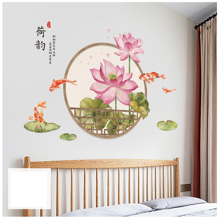 Decal dán tường Hoa sen 11 thủy mặc trang trí nhà cửa siêu đẹp, sáng tạo (75 x 108 cm)